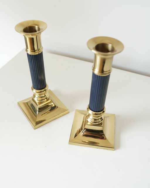 Pair of Vintage Golden Brass Candleholders - France - 1970s