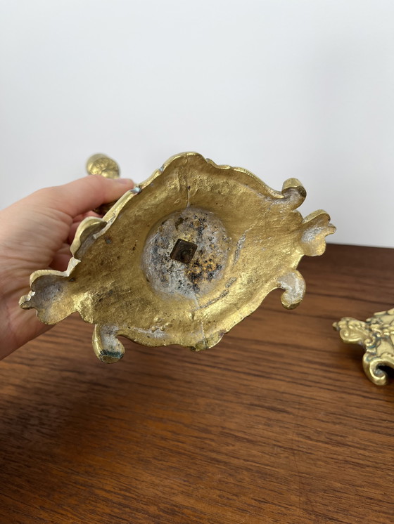 Image 1 of Paar antike Reiher-Kerzenleuchter aus vergoldetem Messing - Orientalistischer Art Deco Stil