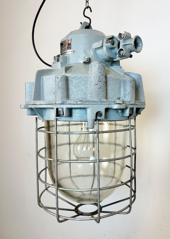 Image 1 of Large Grey Industrial Bunker  Light with Iron Cage from Elektrosvit, 1970s