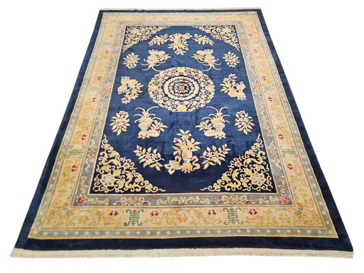 Handgeknüpfter orientalischer Aubusson-Teppich aus Wolle mit blauem Blumenmuster, 307 x 430 cm