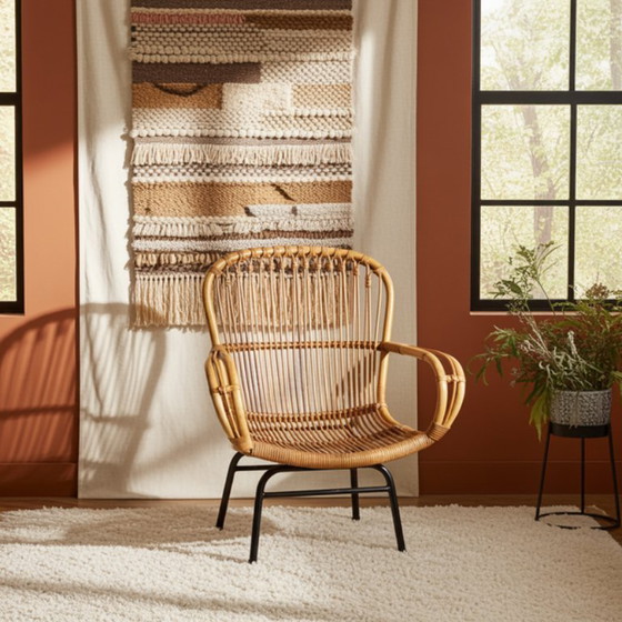 Image 1 of Fauteuil vintage en rotin Rohé Noordwolde – Fauteuil design des années 1960 avec pieds en métal