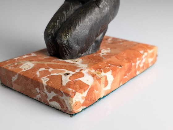 Image 1 of Junger Faun mit Panflöte, Art-Deco-Skulptur auf Marmorsockel, 1920er Jahre