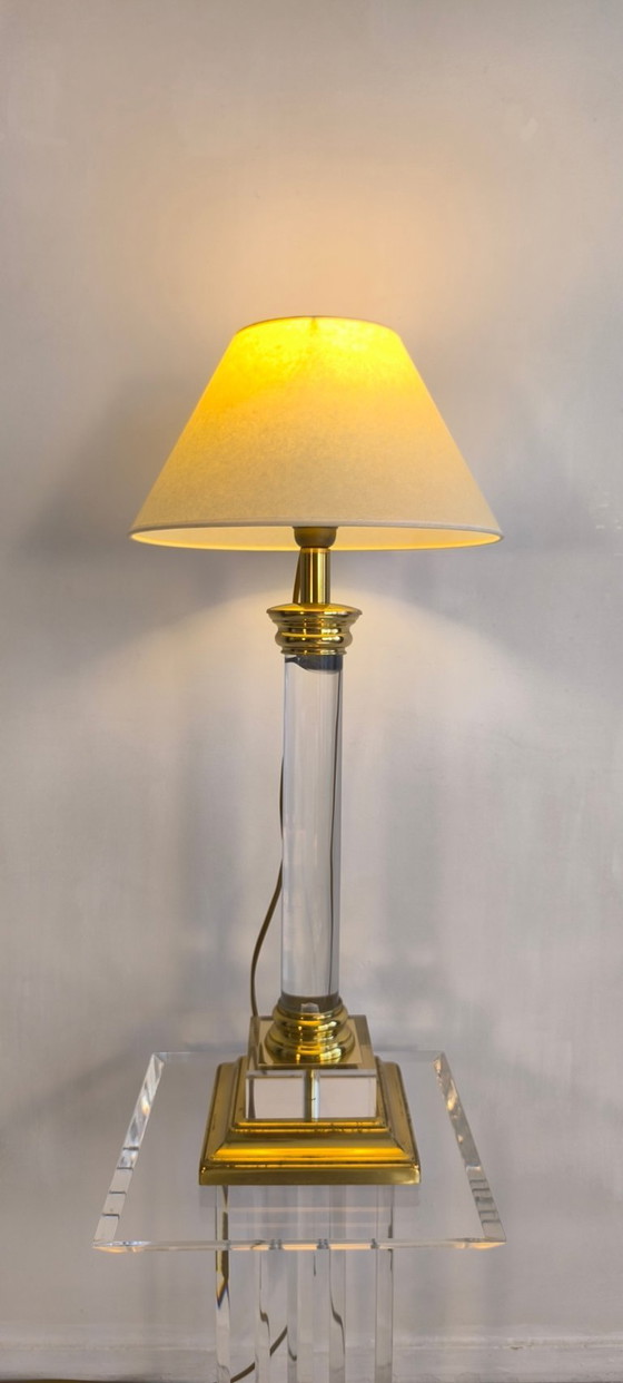 Image 1 of 😍✨ Elegant vintage 70s/80s column lamp by "Le Dauphin" in acrylic glass and brass with a new lampshade ✨😍