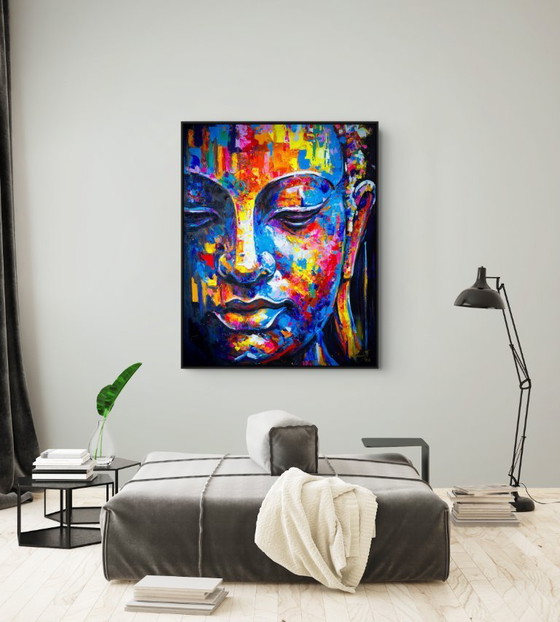 Image 1 of Peinture unique de Bouddha peinte à la main « Équilibre sacré » – Seksak Jaichumchen – 100×120 cm