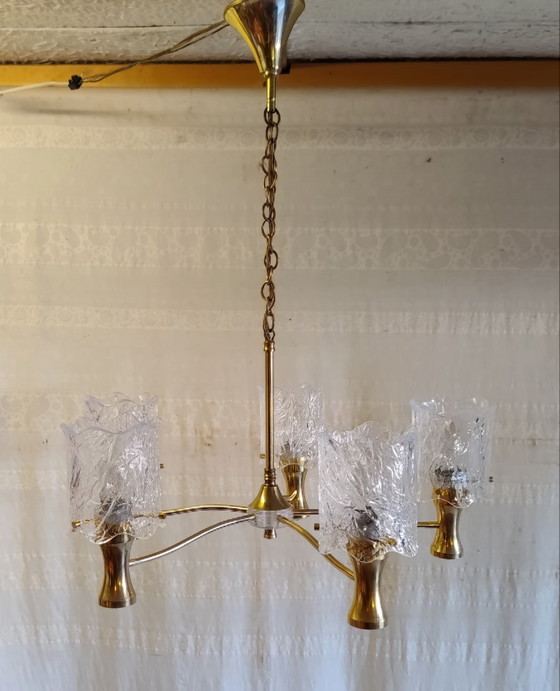 5-lichts verguld messing en perspex Kroonluchter - jaren 60/70 – Brass (photo 2 of 10)