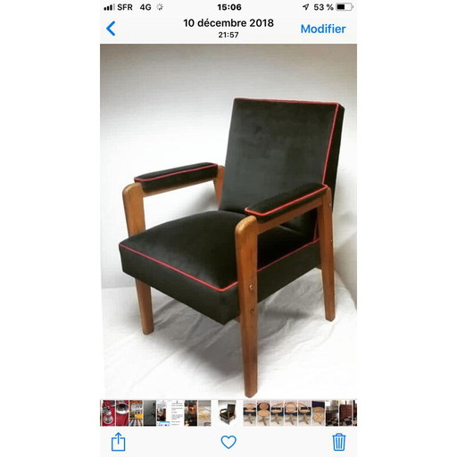 Poltrona vintage in rovere massello con rivestimento in velluto grigio e corallo di Marcel Gascoin