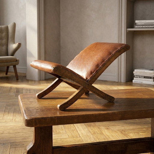 Oude retro voetenbank, houten leren kruk uit het midden van de 20e eeuw, Europees