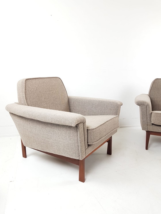 Image 1 of Set di divani vintage in legno di teak | divano + 2 poltrone in lana beige De Ploeg