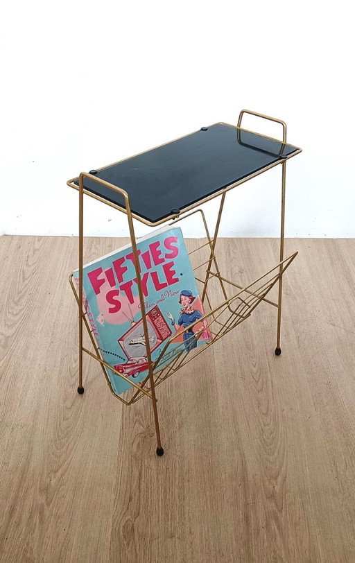 Fifties side table with magazine rack and glass top