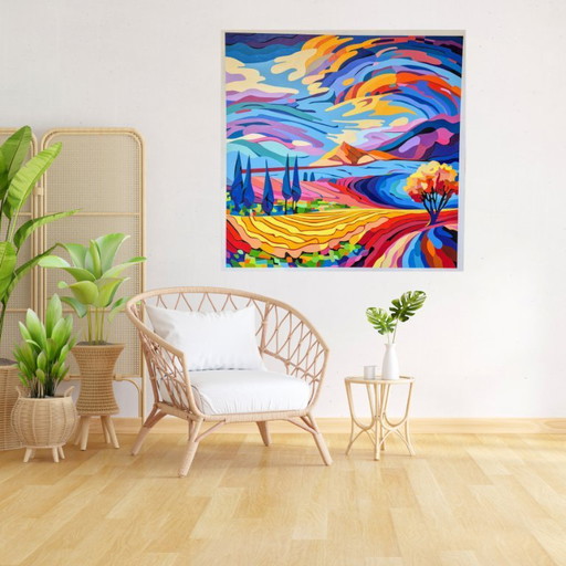 Dreamworld - Buntes Landschaftsgemälde von Franklin van Dam (Acryl auf MDF)