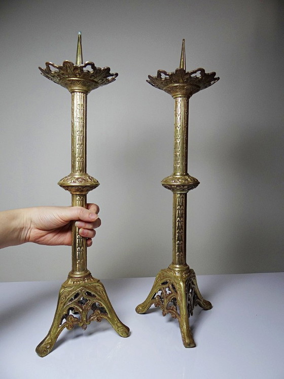 Image 1 of Large pair of antique gilt bronze candlesticks, 19th-century Gothic style