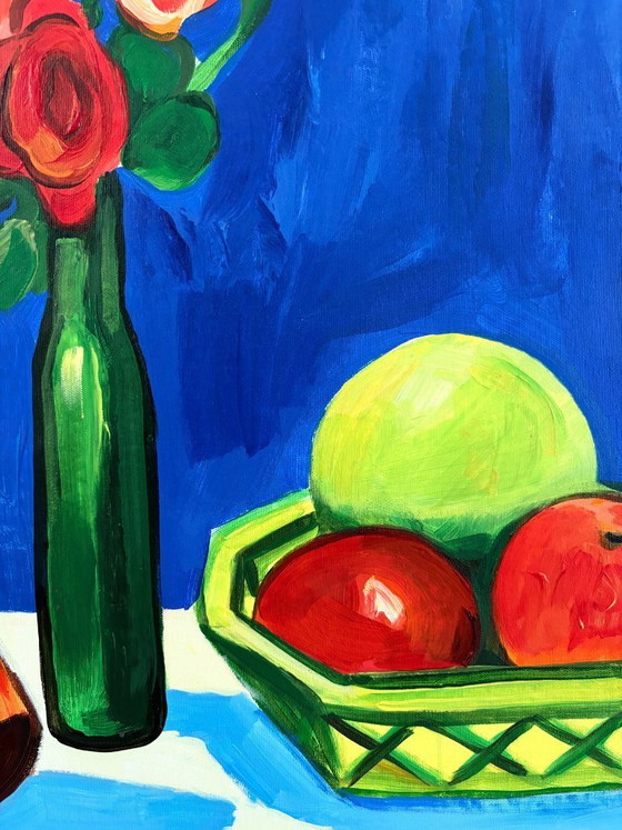 Image 1 of Acrylic painting by the artist E. García "Bodegón con fondo azul" 100x70 cm