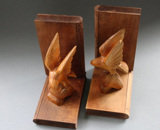 Image 1 of Art Deco bookends, eagle hand-carved from wood