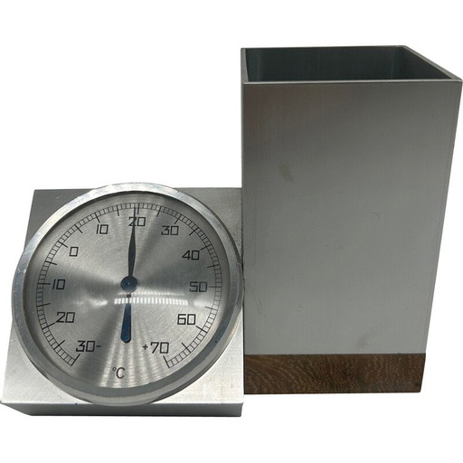 Vintage pencil holder in brushed metal and wood, 1970