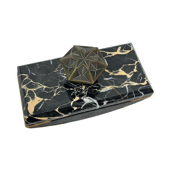 Image 1 of Art Deco Executive Desk Set: Letter Holder and Blotter – Portoro Marble and Brass – 1930s