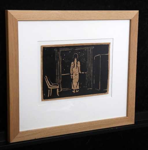 Teuber, Hermann - Femme à la fenêtre - Linogravure - Encadrée - Signée à la main
