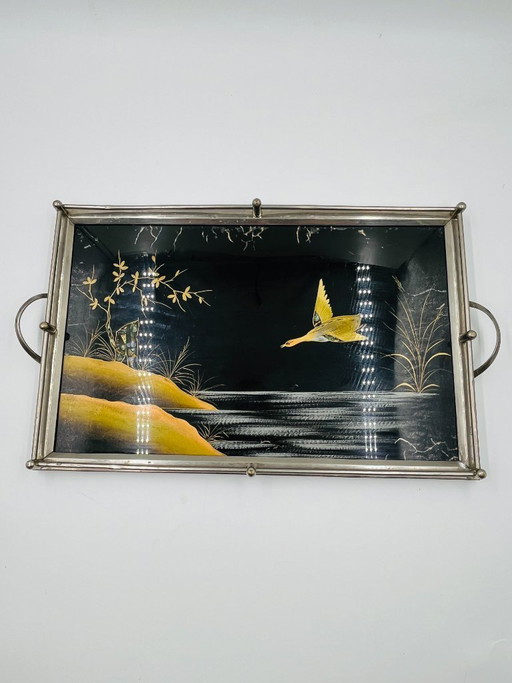 Plateau Art Déco en fixé sous verre et nacre