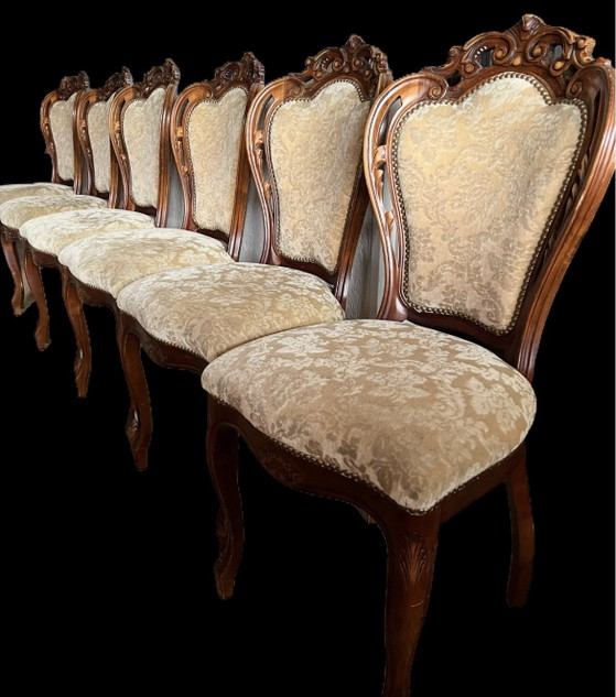 6 barok eetkamer stoelen, Eetkamerstoelen, Textiel, Fluweel, Beige (foto 3 van 6)