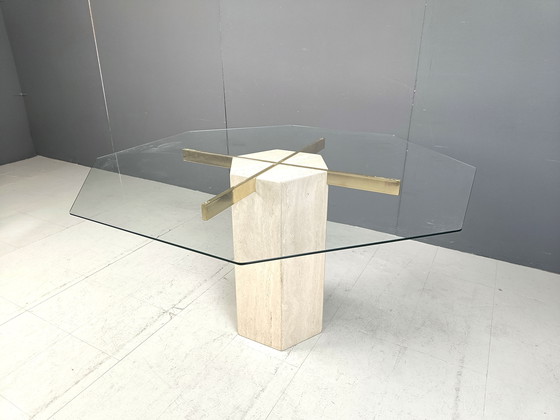 Image 1 of Vintage Octagonal Travertine And Brass Dining Table By Artedi, 1970S