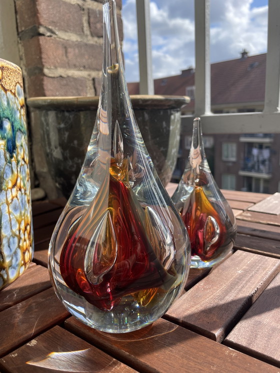 Image 1 of Ozzaro Studio-Kunstglas „Regentropfen“, signiertes orange-rotes Kristall aus Böhmen