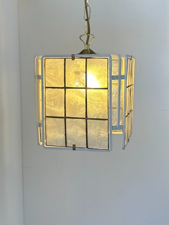 Image 1 of Vintage pendant light, white lacquered metal and mother-of-pearl, France, 1980