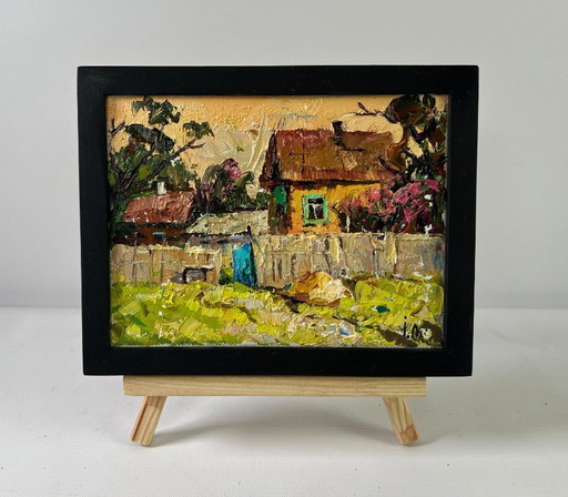 Original Oil Painting Evening Village Landscape Light at day’s end
