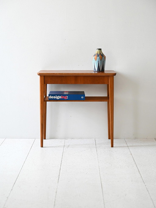 Table de nuit scandinave vintage en teck avec étagère à lamelles