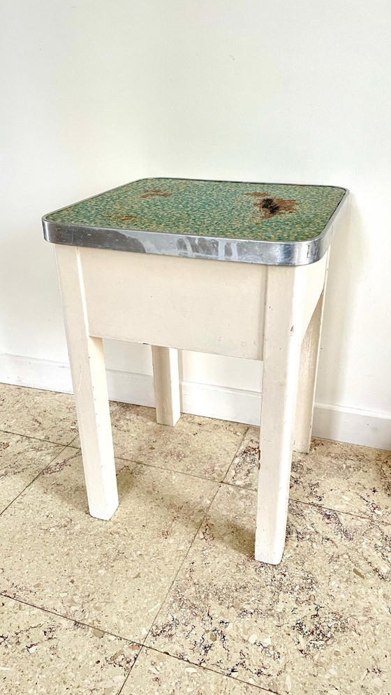Vintage Houten Opbergkrukje, BBI, Aluminium, Groen (foto 17 van 26)