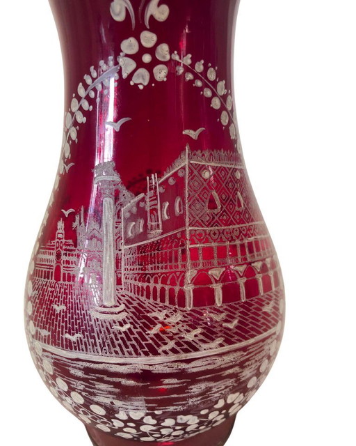 Vintage Bohemian Ruby Red Cut to Clear Glass Vase – Hand Blown Etched City Scene