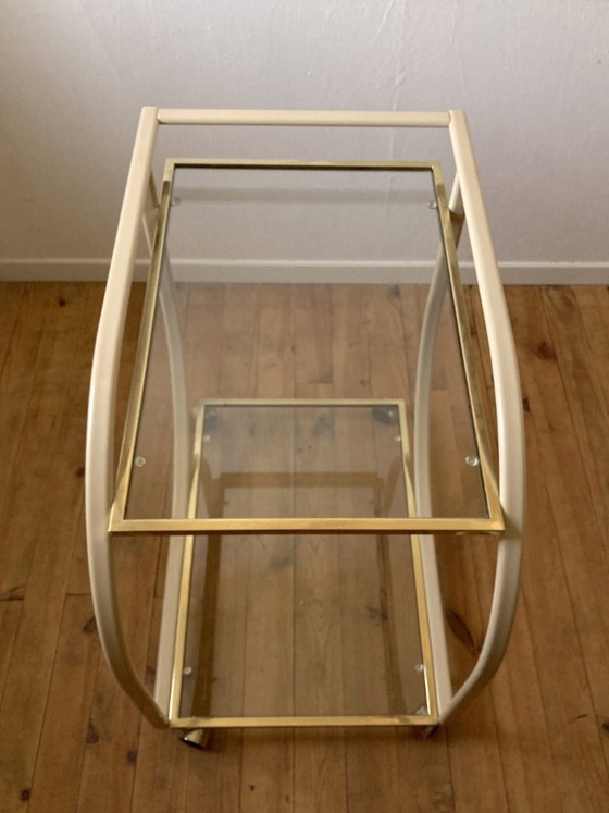 Vintage 1970s rolling serving cart in glass, cream metal and gold finish – Bar carts (photo 6 of 14)
