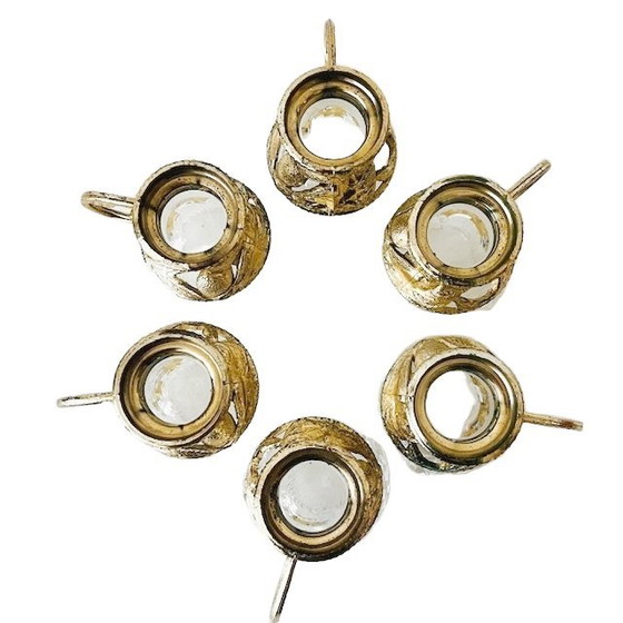 Image 1 of Vintage set of glass coffee cups in gold plastic holder 1970s