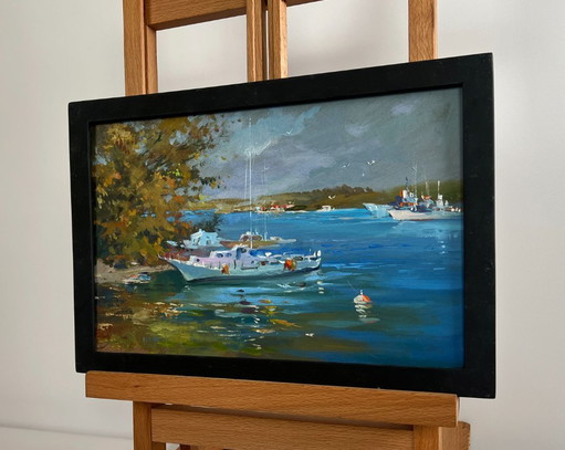 Original Oil Painting Coastal River Landscape A storm is coming