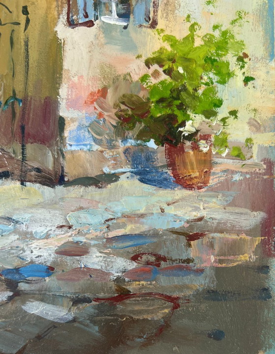 Image 1 of Peinture à l'huile originale - Paysage de rue urbaine - Chemin vers la maison par la ruelle