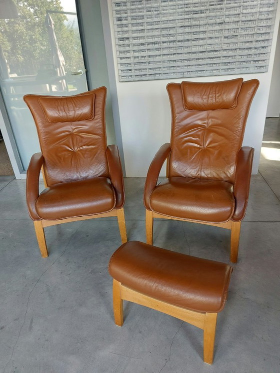 Set of 2 Brunstad Delta Adventure Chairs and Lounge Chairs with 1 Footstool, Leather, Wood, Beige (photo 12 of 12)