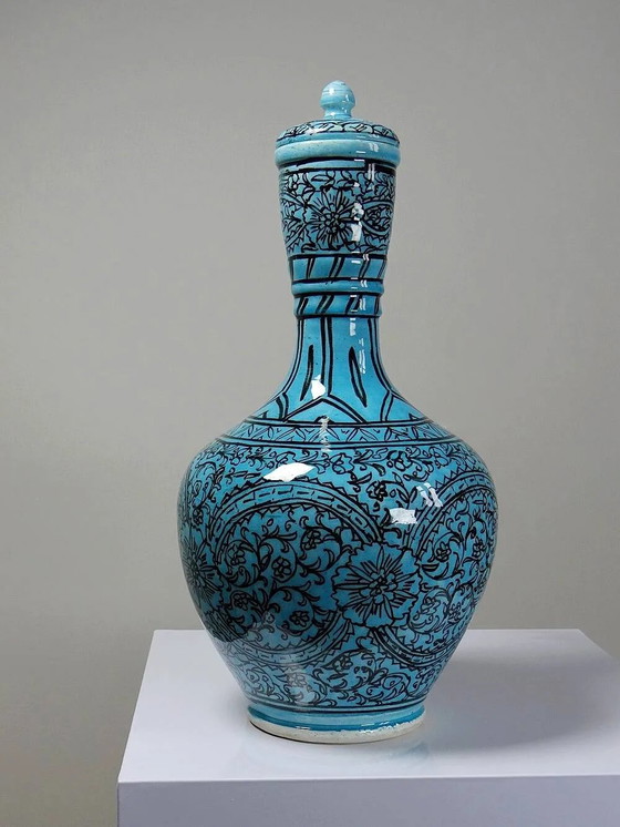 Covered vase or Persian jar, glazed Iznik pottery, vintage turquoise painted., Porcelain, Black (photo 8 of 16)