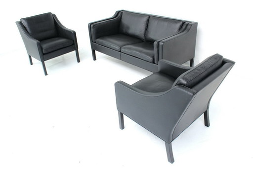 as new! Original Børge Mogensen for Fredericia Danish Lounge Set, Sofa and 2 Chairs, premium Leather, Oak, RP 31.161 Euro