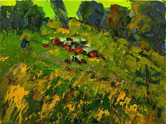 Image 1 of Original Oil Painting Summer Field Landscape Walk Through The Meadows