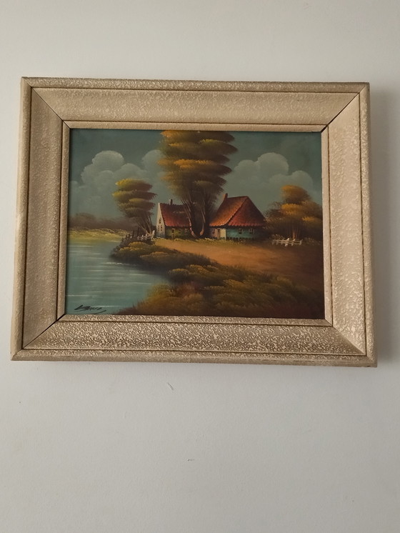 Image 1 of Vintage schilderij – Landelijk landschap – Cottagecore-stijl