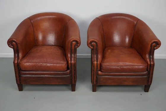 Image 1 of Vintage Nederlandse clubfauteuils in cognackleurig leer, set van 2