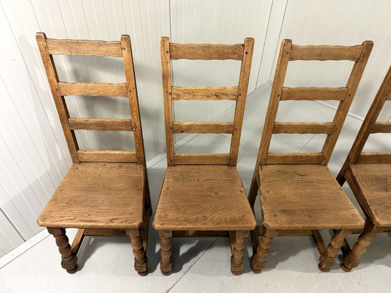 Image 1 of 6 sillas de comedor rústicas antiguas de roble con respaldo alto, década de 1900
