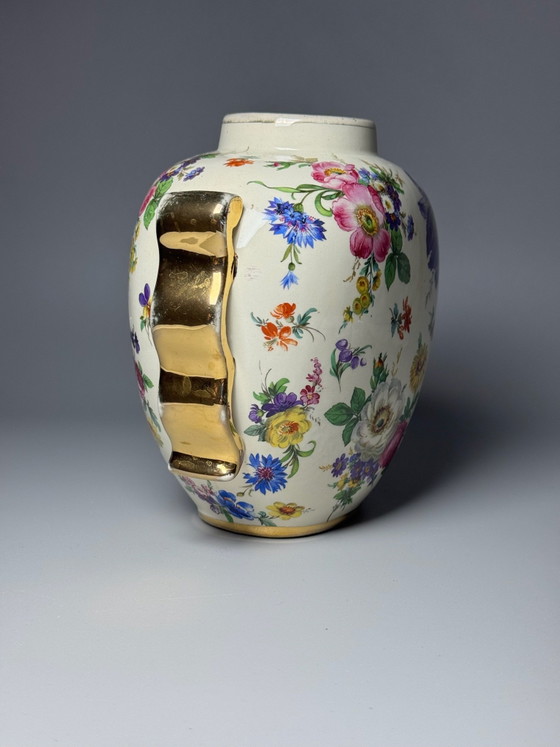 Boch Frères Keramis, Art Deco Vase, “Fleurs des Saxe” Decoration -Belgium, Ceramic, Gold (photo 9 of 15)