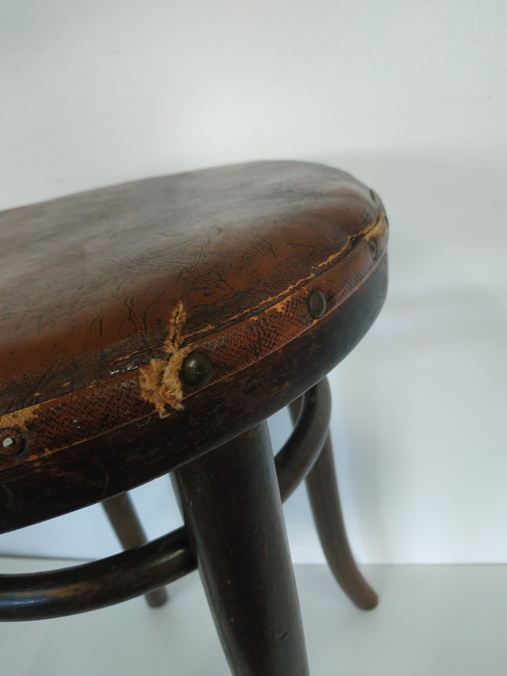 Image 1 of Vintage Antieke Thonet Kruk Stool (Webbing/Leer)