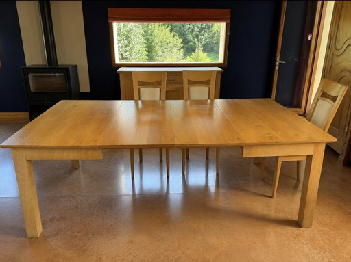 Handcrafted solid oak dining table + 4 chairs + 2 extensions