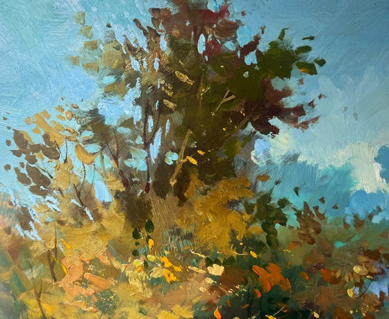 Image 1 of Peinture à l'huile originale, paysage forestier d'automne, promenade en forêt d'automne
