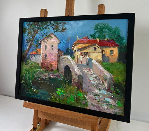 Original Oil Painting Summer Houses Landscape The bridge leading to the village