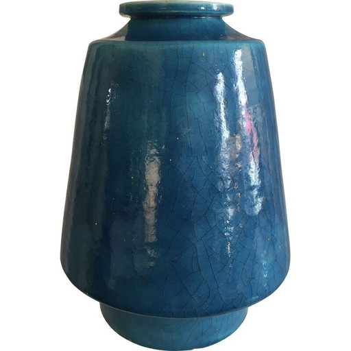 Vase vintage en céramique émaillée bleue "Primavera" de Rosalba, 1930