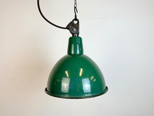 Industrial Green Enamel Factory Lamp with Cast Iron Top, 1960s