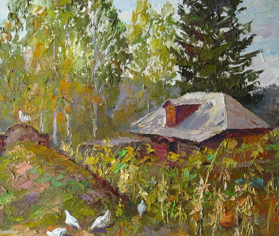 Original Ölgemälde Ländliche Landschaft Dorfhaus Sonnenblumen – Gemälde & Zeichnungen, Canvas (photo 5 of 8)