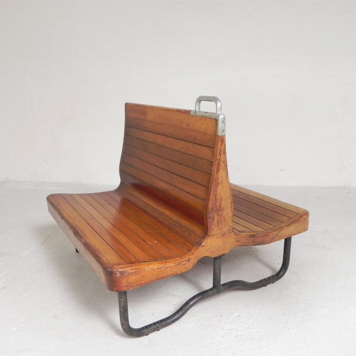 Double-sided teak train bench, 1930s