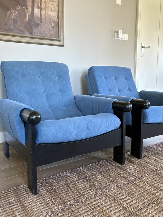 Image 1 of Vintage korenblauw set fauteuils jaren70 design